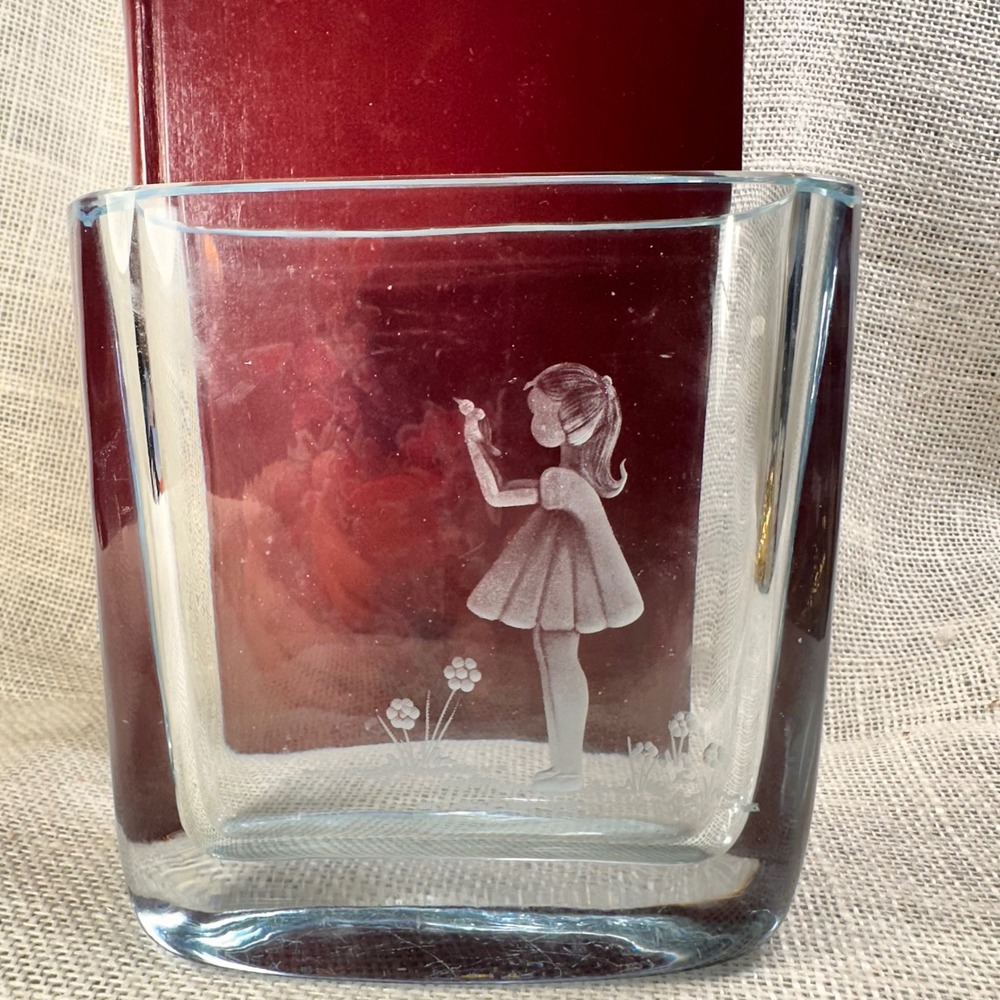 Vintage Strombergshyttan Sweden Ice Blue Crystal Vase Etched Girl Signed MCM